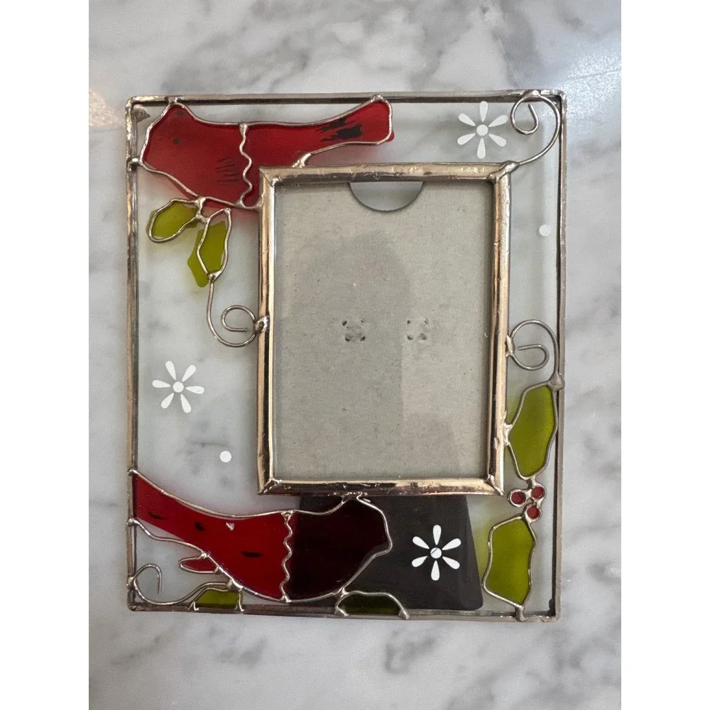 Greenbrier International Stained Glass Cardinal Picture Frame Red Bird Holly 2x3